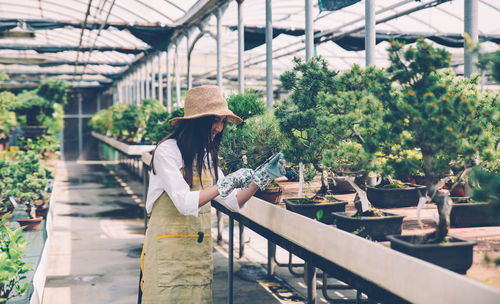 Woman working on table in greenhouse