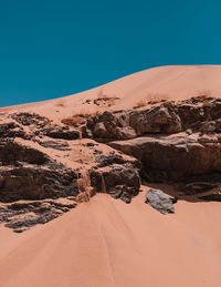 Scenic view of desert against clear blue sky