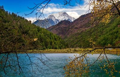 Scenic view of lake and mountains against sky