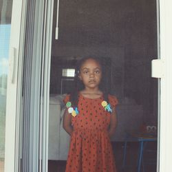 Portrait of girl seen through window