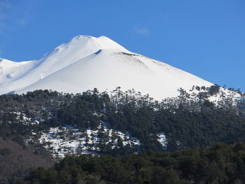 Scenic view of snowcapped mountains against clear blue sky