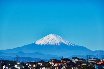 Scenic view of snowcapped mountains against clear blue sky