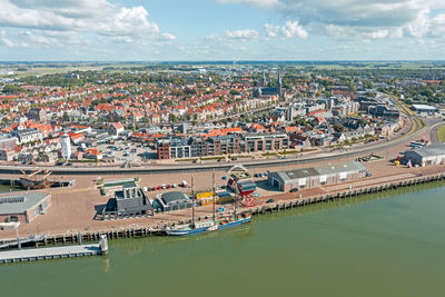 Aerial from the city harlingen at the ijsselmeer in the netherlands