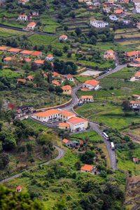 High angle view of trees and buildings