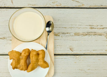 High angle view of breakfast on table