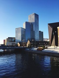 River by city buildings against clear sky