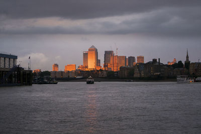 Sunset on canary wharf  in london, uk