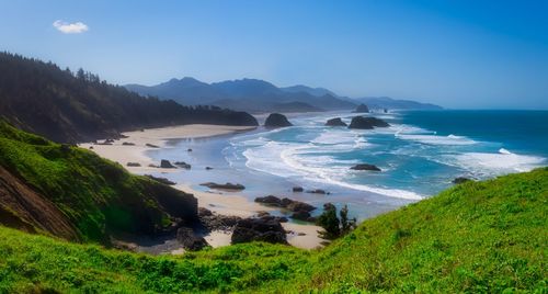 Scenic view of bay against sky