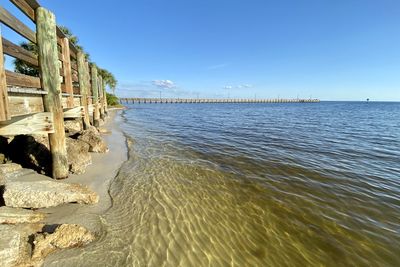 Scenic view of sea against clear blue sky