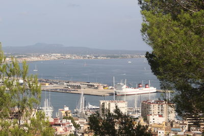 High angle view of sea and buildings against sky