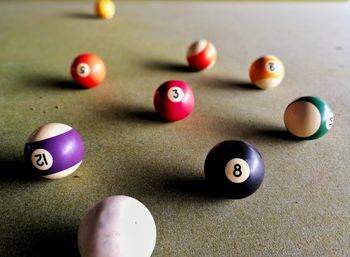 Close-up of colorful balls on snooker table