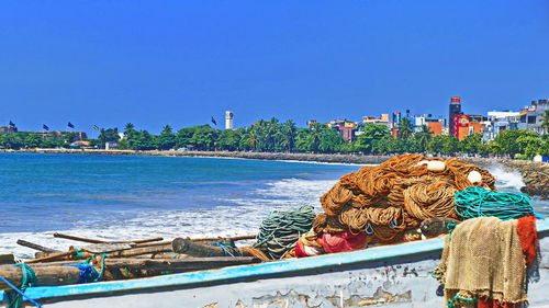 Scenic view of sea against clear blue sky