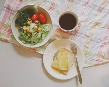 High angle view of breakfast on table