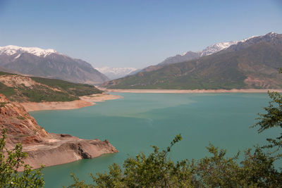 Scenic view of lake and mountains against clear sky