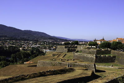 High angle view of buildings against clear sky