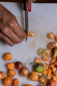 High angle view of man preparing food