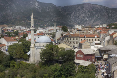 High angle view of buildings in town