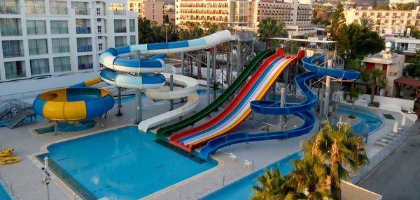 An empty water park in the early summer morning