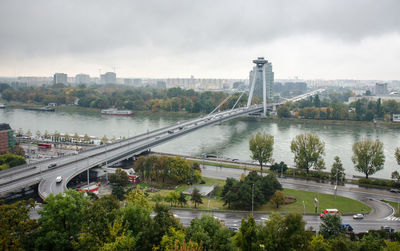 Bridge over river in city against sky