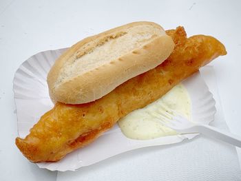 High angle view of bread in plate on table