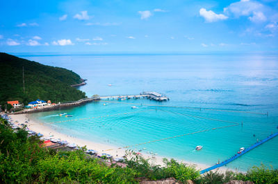 High angle view of swimming pool by sea against sky