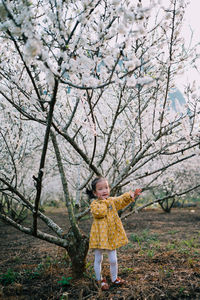 Portrait of a cute baby girl standing with plum blossom tree