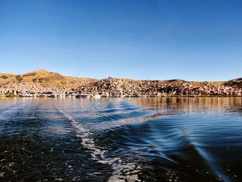 Scenic view of sea against clear blue sky