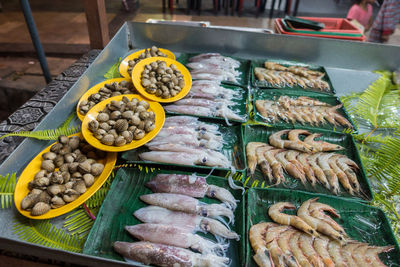 High angle view of fish for sale at market