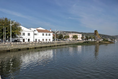 Houses by lake and buildings against sky