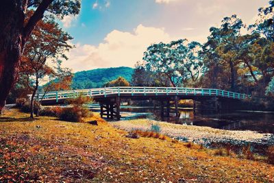 Bridge over river against sky during autumn