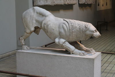 Side view of a dog, sculpture, museum. 