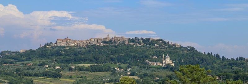 Panoramic view of trees and buildings against sky