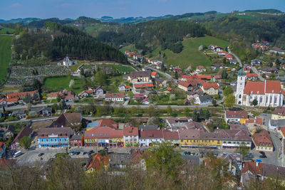 High angle view of townscape and buildings in town