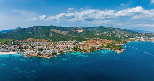 Aerial drone top down photo of small emerald sea tropical port