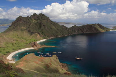 Scenic view of sea and mountains against sky