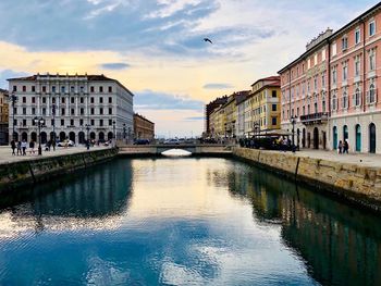 Buildings by river against sky in city