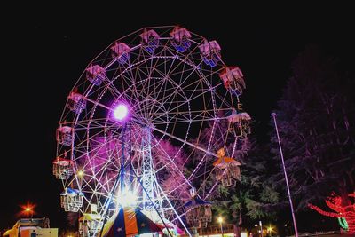 Low angle view of illuminated ferris wheel against sky at night