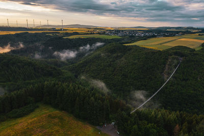 High angle view of landscape against sky during sunset