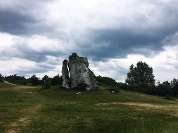 Scenic view of grassy field against cloudy sky