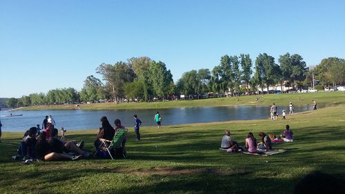 People relaxing in park by lake against clear blue sky