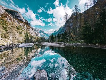 Scenic view of lake and mountains against sky