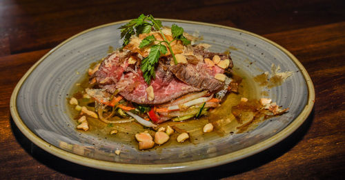 High angle view of food in plate on table