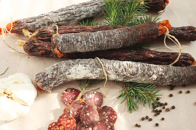 High angle view of food on cutting board