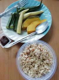 High angle view of food in plate on table