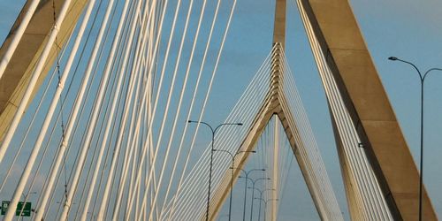 Low angle view of suspension bridge against sky