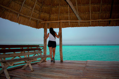 Rear view of woman standing on pier over sea against sky