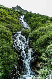 Scenic view of waterfall in forest against sky