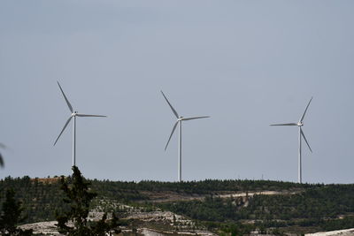 Windmill on field against clear sky