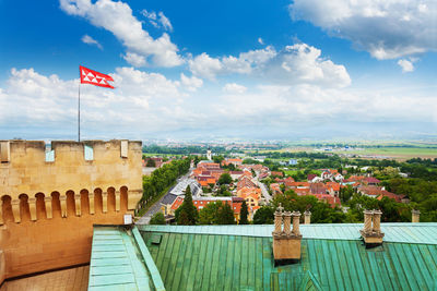 View of flags with buildings in background