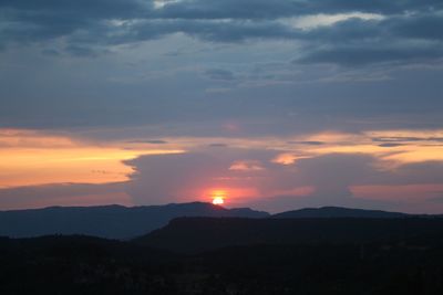 Scenic view of silhouette mountains against sky during sunset